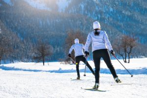 couple skiing on Valentine's Day