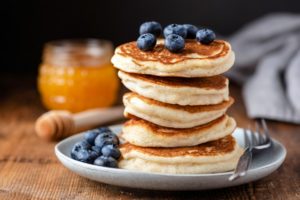 Handmade stack of blueberry pancakes not served at an Airbnb Missoula rental