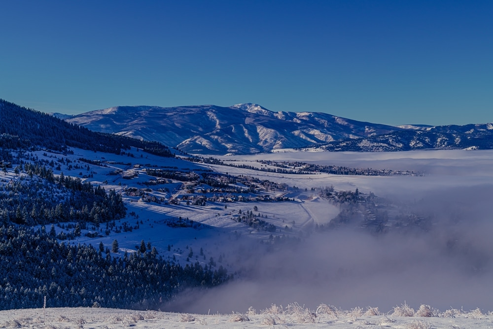 Gorgeous view of Missoula in the winter where you'll find great Missoula Nordic Ski Trails and plenty of great things to do in Missoula in winter