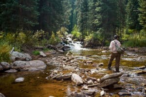 A man casts a line on the scenic Clark Fork River during a Missoula fly fishing trip.